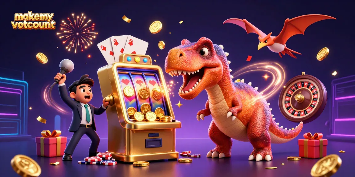Experience the thrill of makemyvotecount as a pachycephalosaurus hits a slot machine for jackpots amidst confetti.