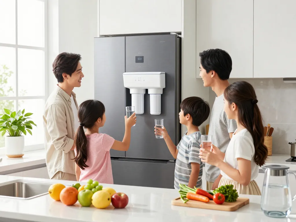 AQUA CREST 5231JA2002A Refrigerator Water Filter in a modern kitchen, enhancing family hydration with pure water.