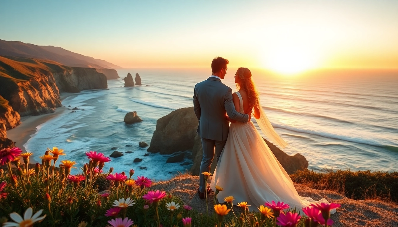 Capture the essence of Big Sur wedding photography with a couple at sunset, showcasing stunning coastal cliffs.