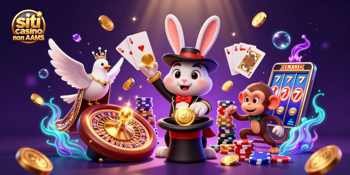 Vivi l'emozione nei siti casino non AAMS con una scena di giochi da casinò animata e dettagliata.