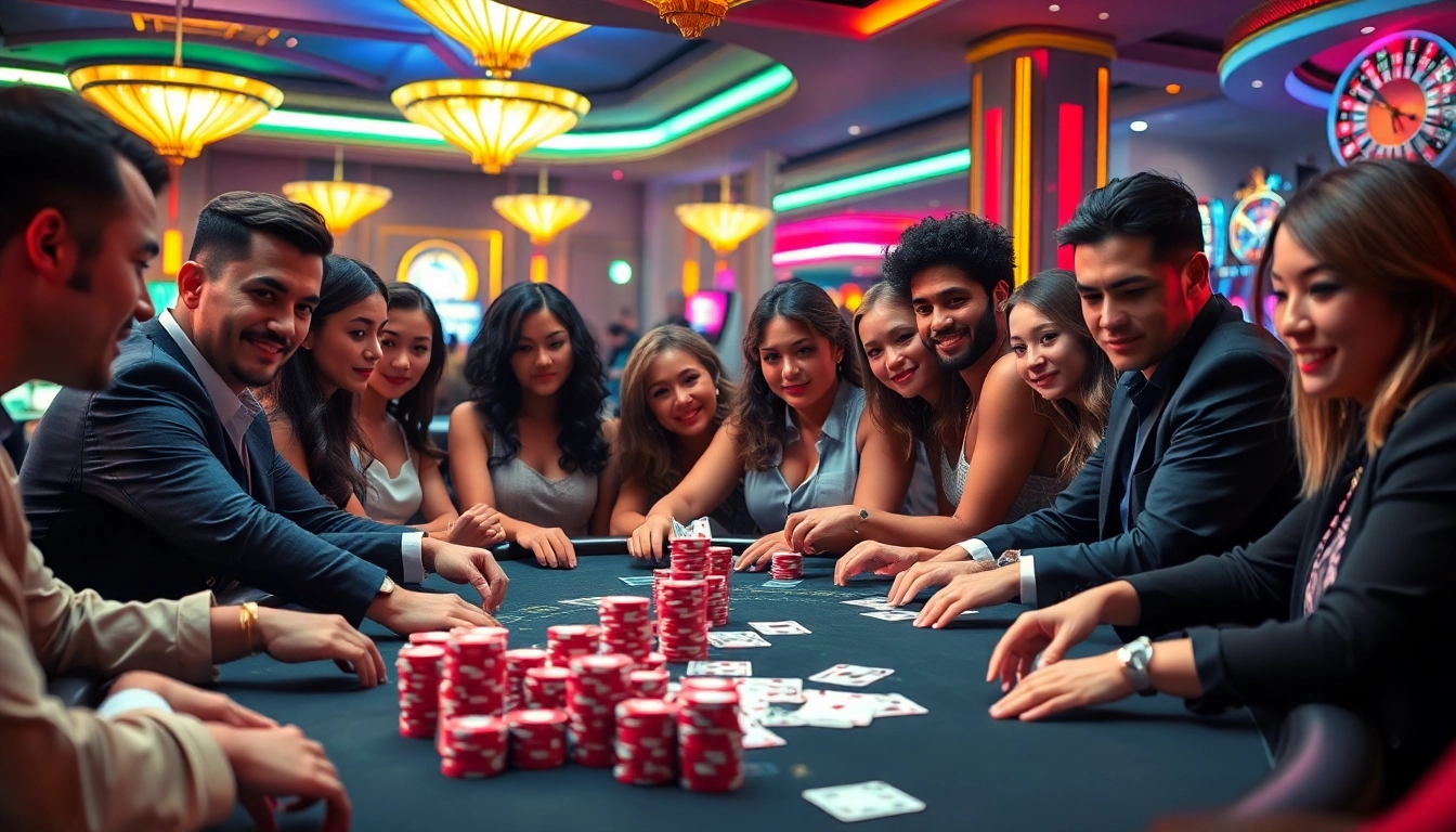 Players intensely strategizing in a luxurious RIKVIP poker game surrounded by exciting casino elements.