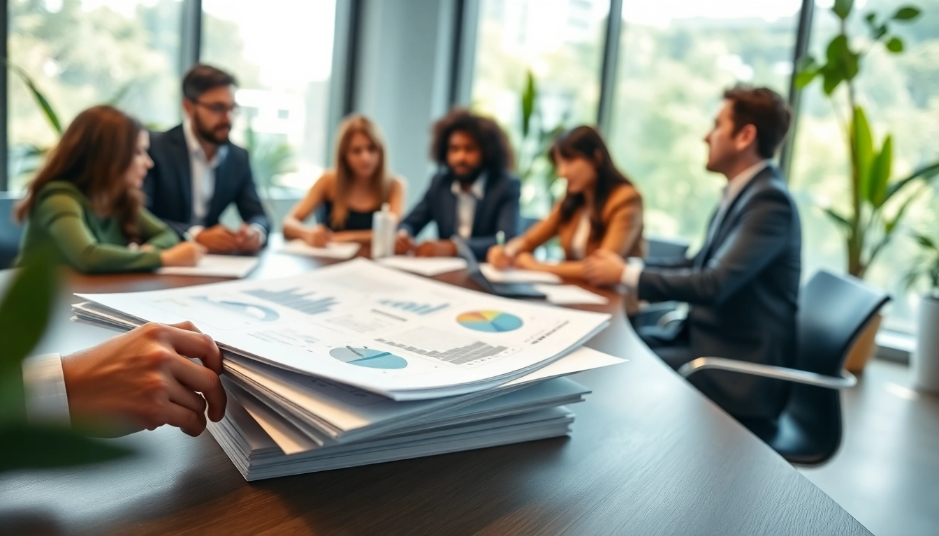Team collaborating in proposal writing and management with documents and strategic insights.