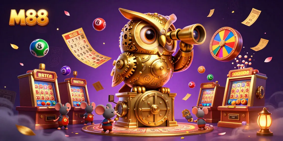 M88 casino scene with a golden owl and vibrant lottery elements enhancing player excitement.