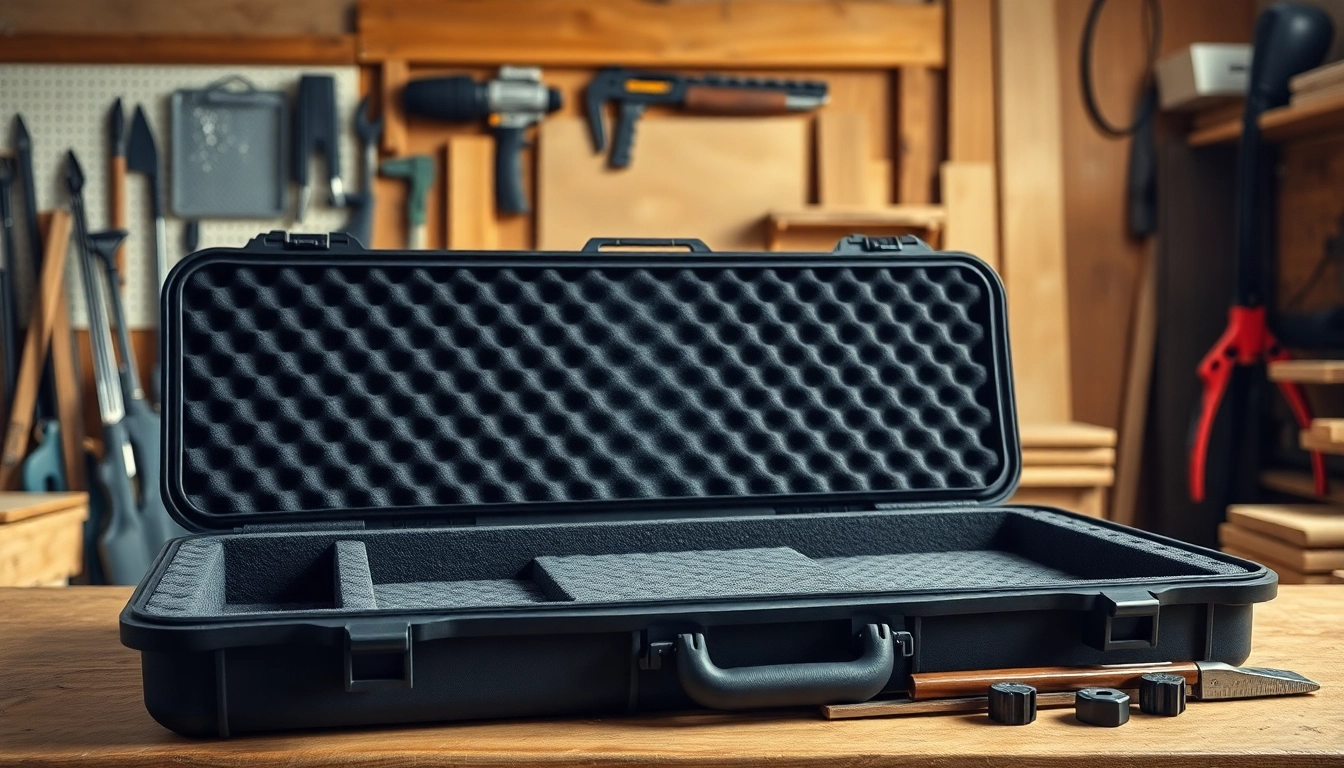 Foam for rifle case showcasing its interior compartments and padding in a workshop setting.