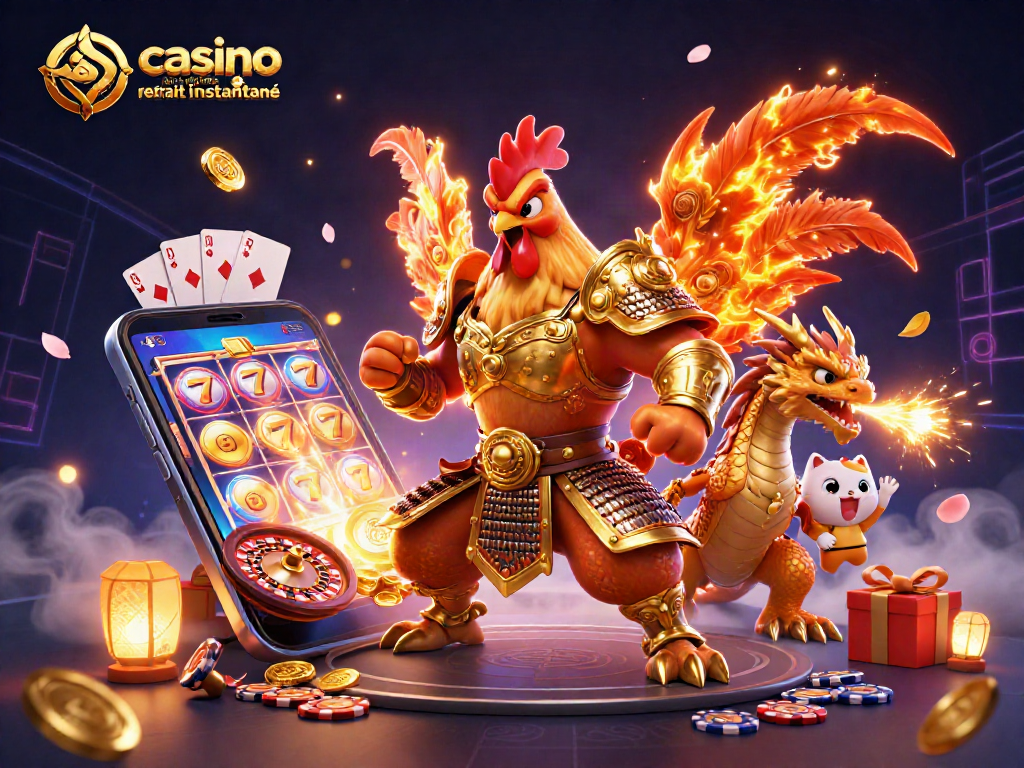 Retrait instantané au casino en ligne avec un coq guerrier en armure et un dragon dans une illustration 3D dynamique.