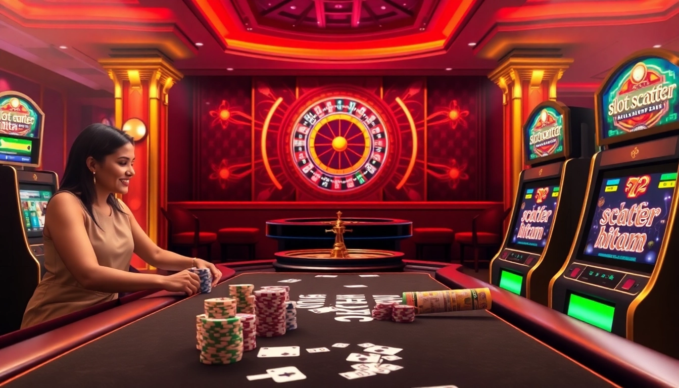 Engaging players excitedly face slot scatter hitam machines at a luxurious casino table, showcasing vivid colors.