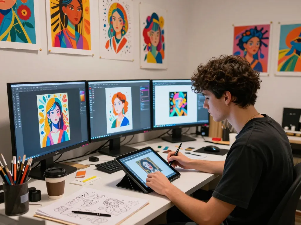 Artist using an image to prompt generator in a vibrant digital art studio, transforming images into creative prompts.