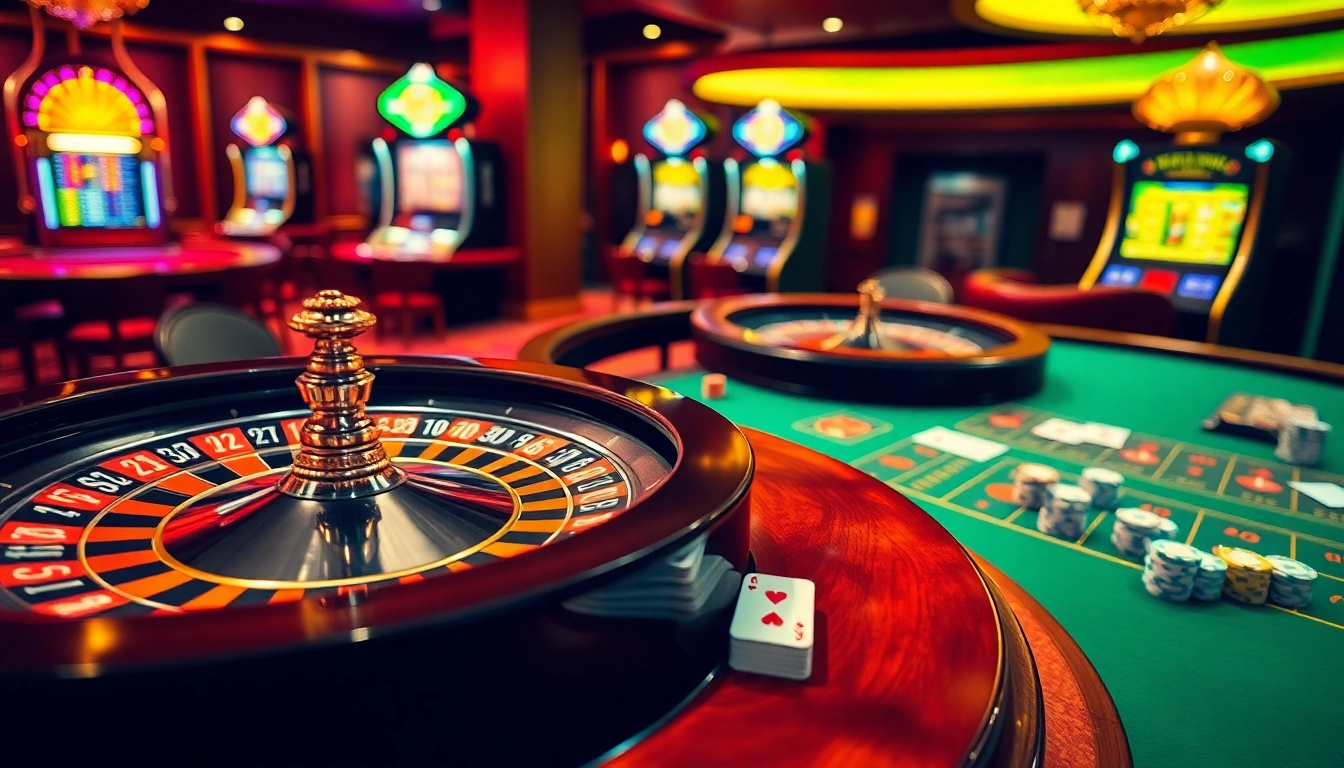 Découvrez l'excitation du casino en ligne argent réel avec une scène captivante de roulette, poker et machines à sous.