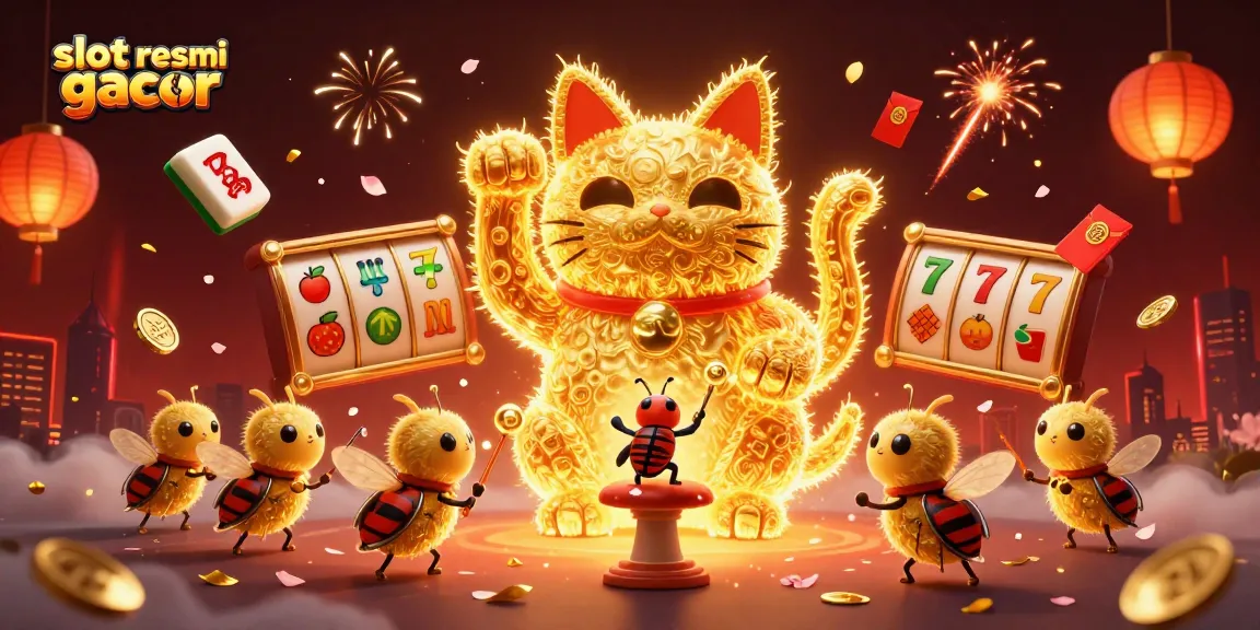 Experience the excitement of slot resmi gacor with an illustration of a giant lucky cat and dynamic casino elements.