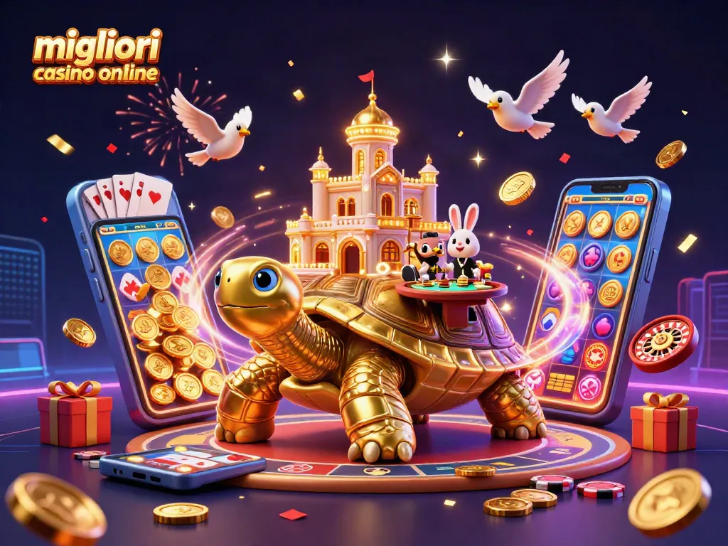 I migliori casino online in un'illustrazione 3D dinamica con tortuga dorata e dealer di carte.