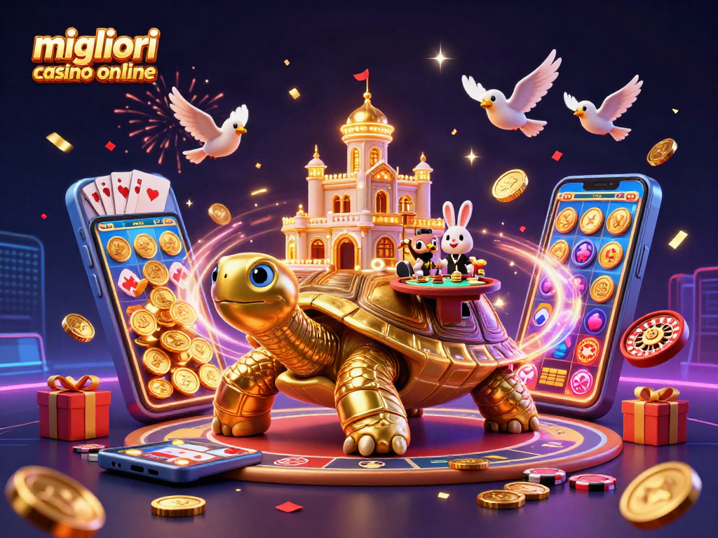I migliori casino online in un'illustrazione 3D dinamica con tortuga dorata e dealer di carte.