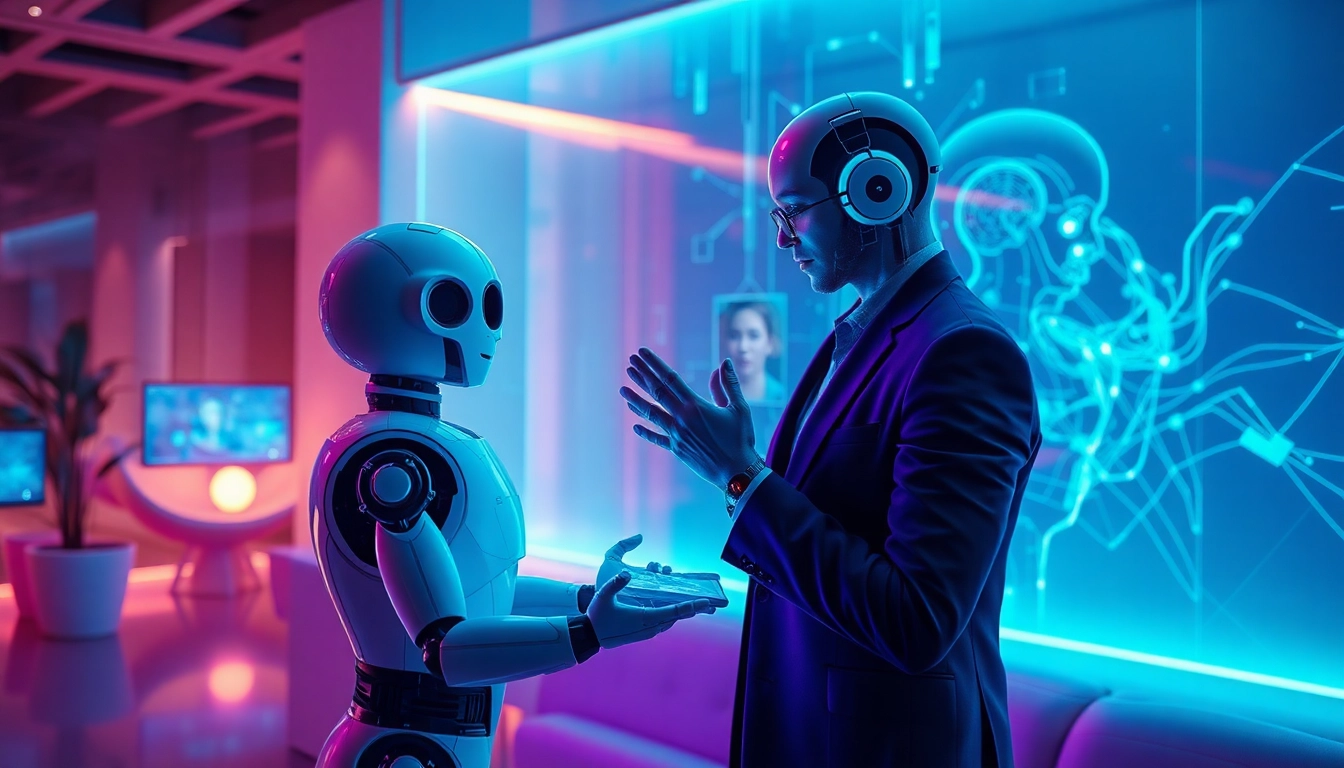 Interactive AI sex dialogue in a modern digital lounge with humanoid robot.