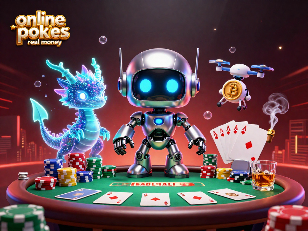 Engage with online pokies real money at vibrant casino scene filled with colorful poker elements.