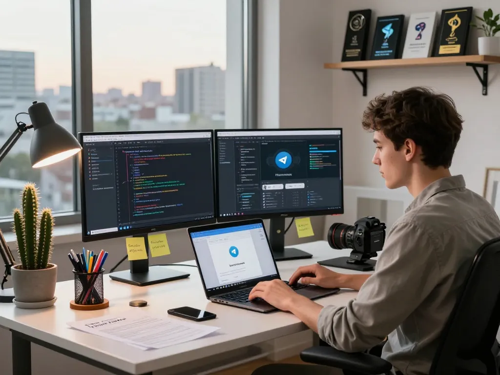 Explore Telegram 电脑版 in a modern workspace with a tech professional utilizing the app for seamless communication.