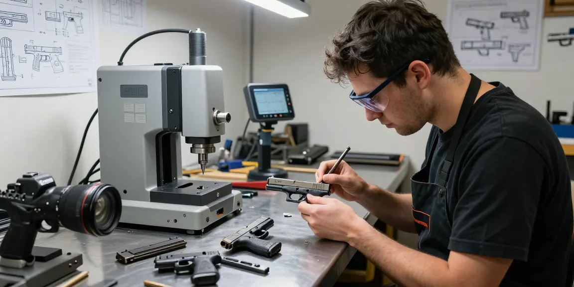 Custom Glock slide assembly process at https://precisionglockslides.com showcasing expert craftsmanship in a precision workshop.