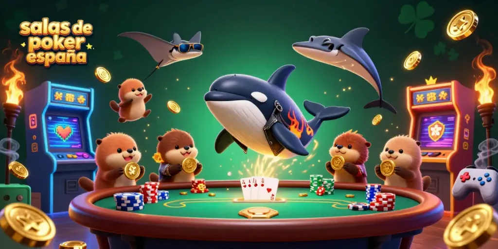 Salas de póker online España, orca y pez raya disfrutando en una mesa con fichas y cartas doradas.