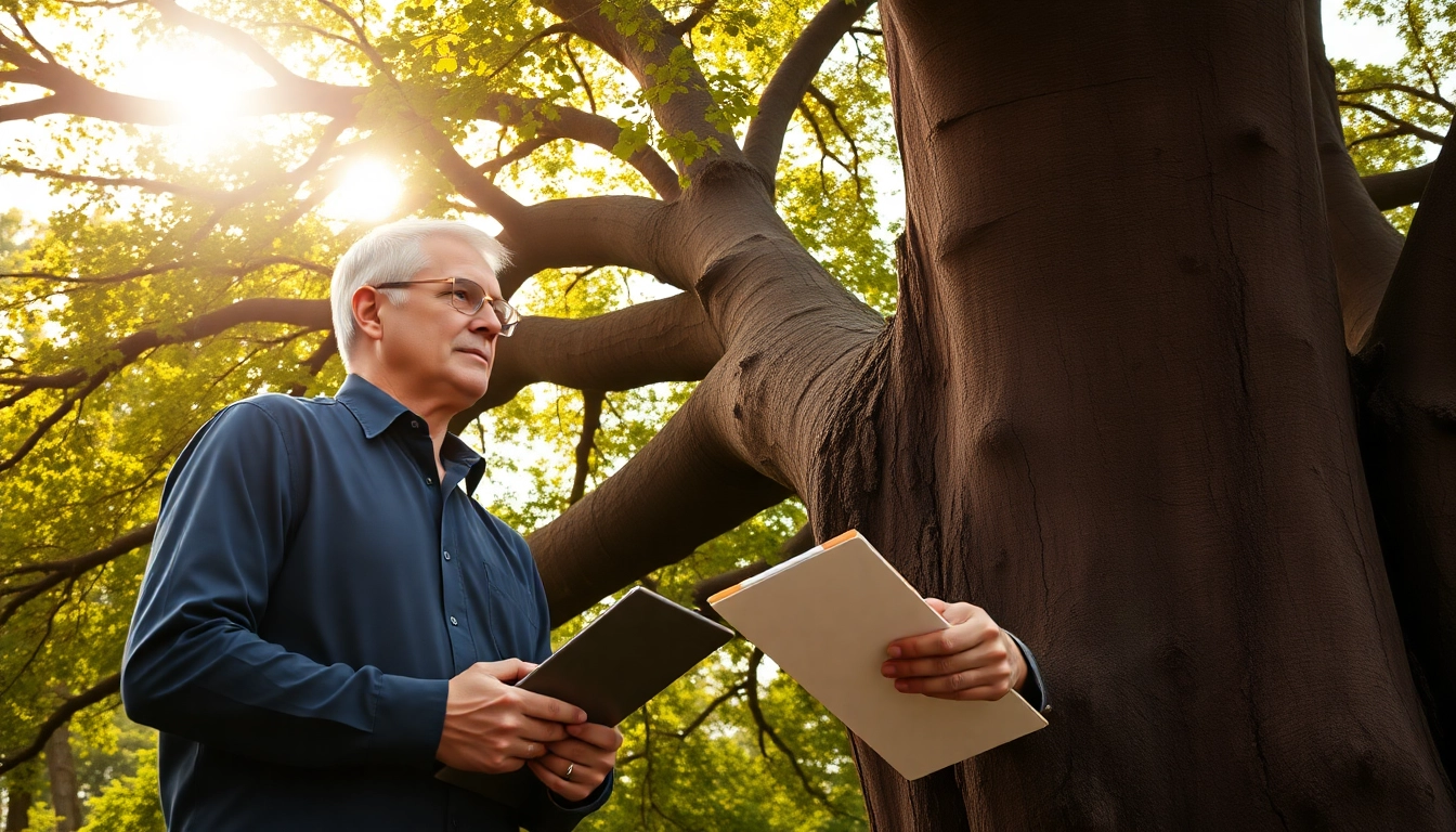Engaging tree consultancy expert assesses a healthy oak tree in a natural setting.