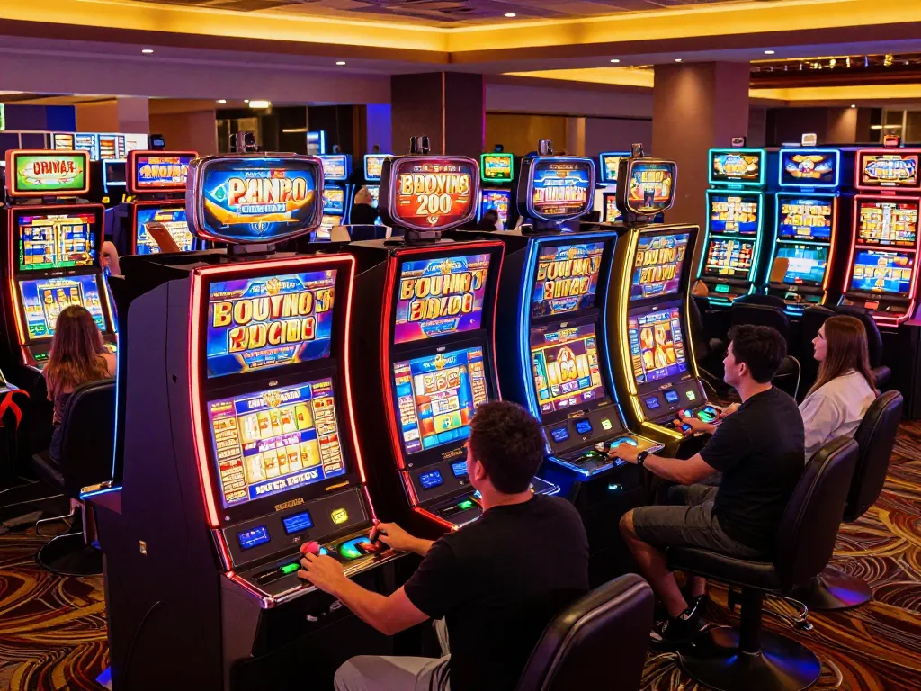 Players engaged in exciting slot bet 200 experience with colorful machines and celebrations