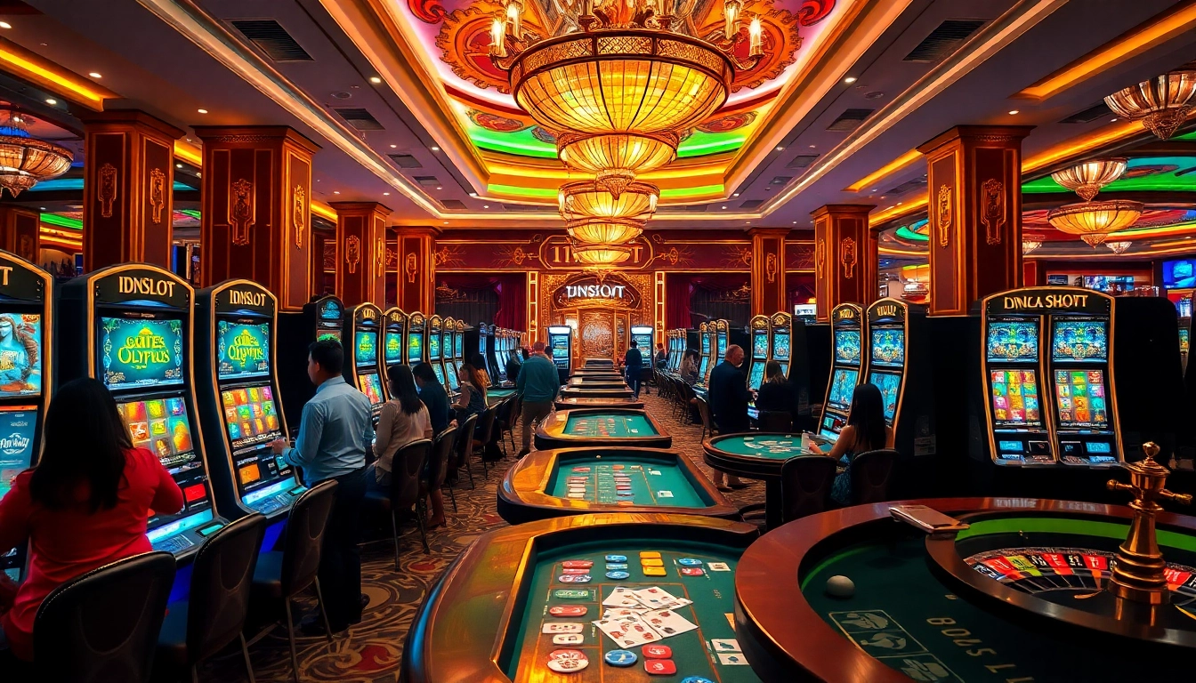 Players enjoying slot games at an IDNSLOT casino, showcasing vibrant machines and an exciting atmosphere.