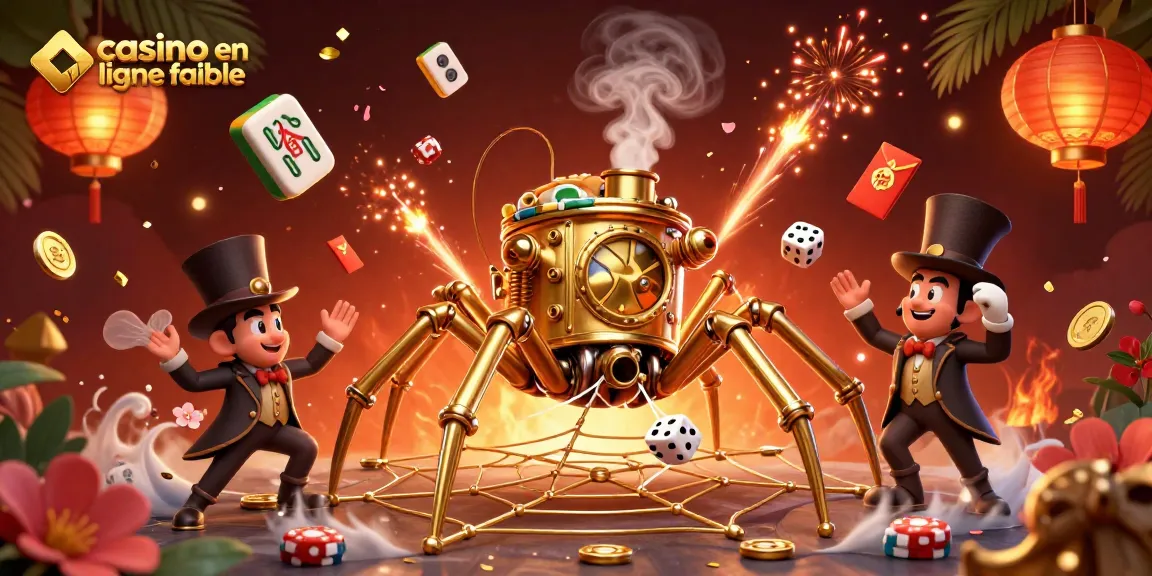 Découvrez une illustration captivante du casino en ligne fiable avec une araignée steampunk et des éléments de jeu en 3D.