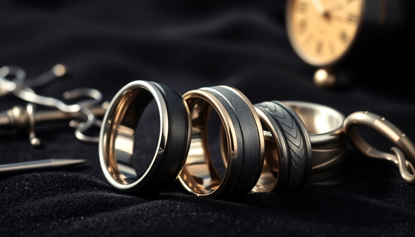 Tungsten rings elegantly displayed with intricate designs and metallic shine on a dark background.