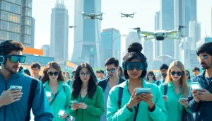 Showcasing Technology innovations in a futuristic city with diverse people interacting with high-tech devices.