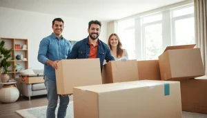 Team providing expert Toronto moving services while packing in a bright living room.