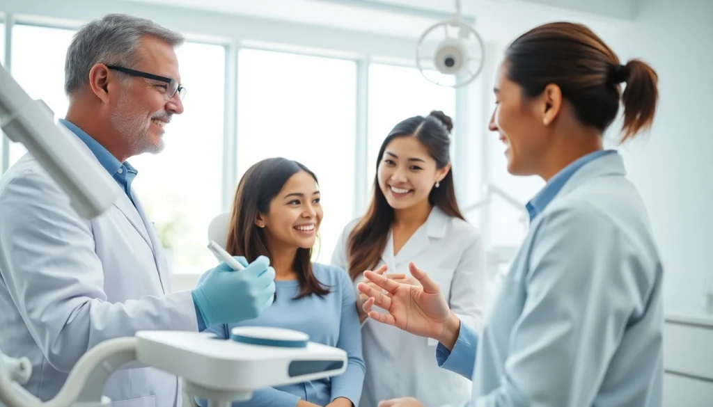 Active dentist engaging with a patient in a bright clinic, demonstrating care and professionalism.