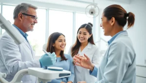 Active dentist engaging with a patient in a bright clinic, demonstrating care and professionalism.