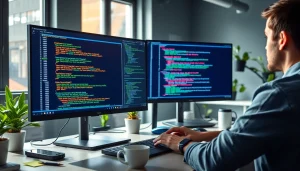 Enhance your skills in T Automation & Scripting while a developer codes in a modern workspace.