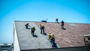 Commercial roofing services experts performing installation on a large building under bright daylight.