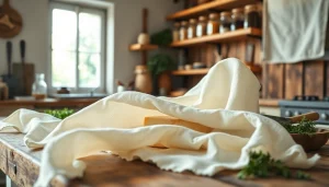 Kaasdoek op een rustieke keukentafel met ambachtelijke kaasbereidingstools.