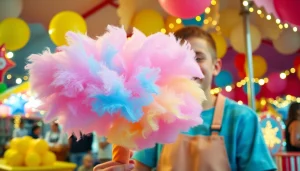 Kind glimlacht terwijl hij een kleurrijke wafel katoen vasthoudt met een vrolijke achtergron