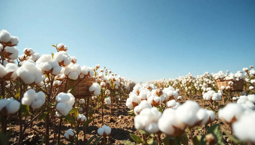 Beeld van ongebleekt katoenplanten in een natuurlijk landschap, met gezonde texturen en een stralende lucht.