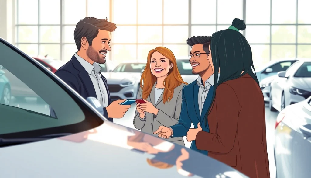Buy a car with a family in a dealership, exploring options together.