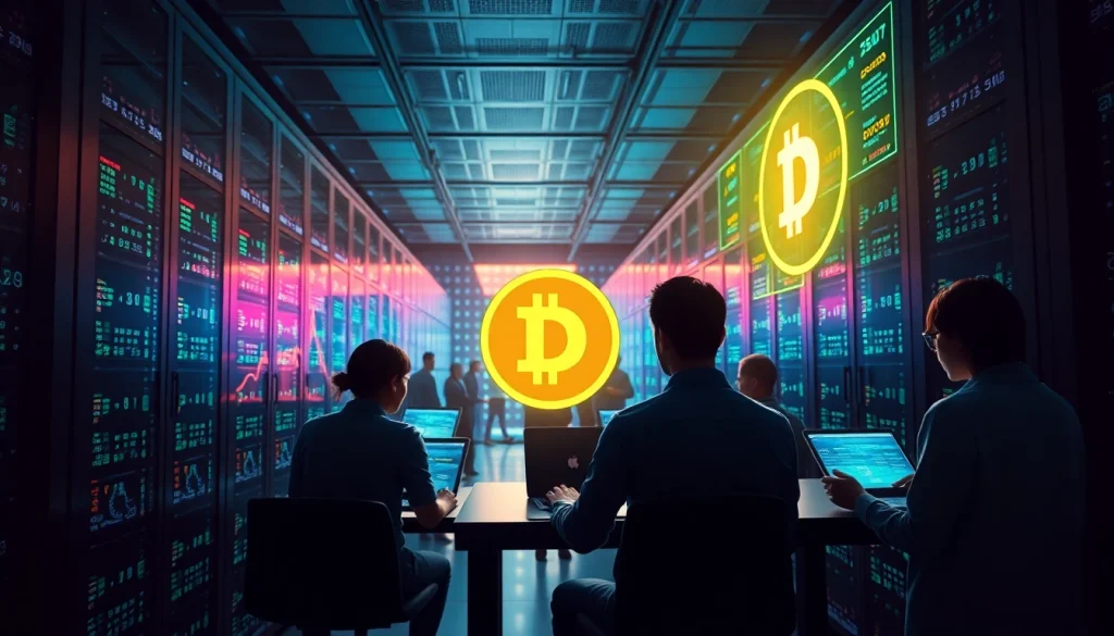 Dogecoin cloud mining scene showcasing a modern data center with vibrant cryptocurrency analytics.