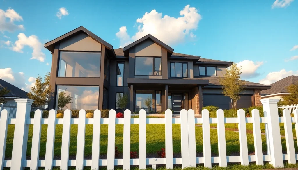 Real Estate modern house with sleek architecture and vibrant garden in a sunny suburban setting.