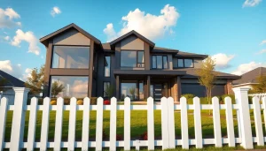 Real Estate modern house with sleek architecture and vibrant garden in a sunny suburban setting.