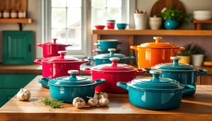 Find where to buy Le Creuset in NZ with vibrant cookware displayed in a bright kitchen.