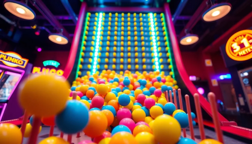 Menjatuhkan bola dalam permainan demo plinko yang penuh warna di arcade.