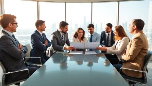 Engaged Business Consultants in Dubai strategizing in a modern office setting, showcasing diversity and professionalism.