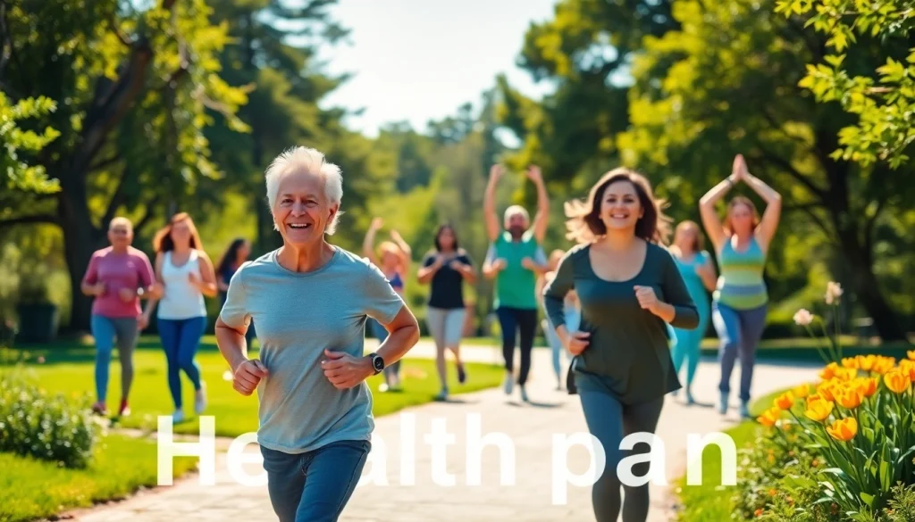 Illustration of active individuals improving their healthspan in a vibrant park setting