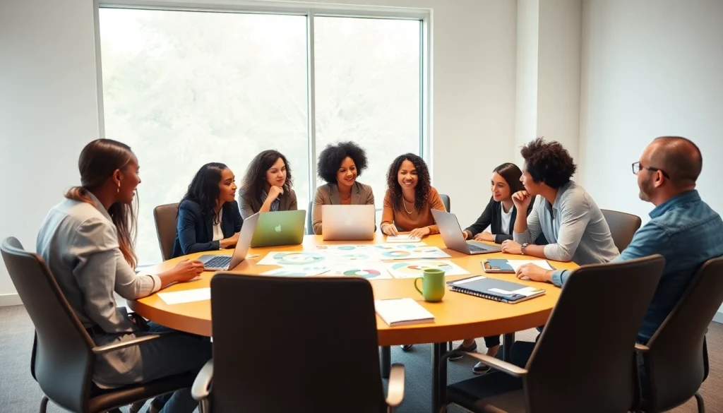 Engaged professionals discussing Empowerment Solutions in a bright workshop environment.