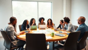 Engaged professionals discussing Empowerment Solutions in a bright workshop environment.
