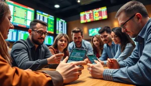 Excited bettors engaging with sportsbooks in Manitoba and placing bets at a lively sports betting venue.