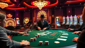 Join the excitement at https://jun88buzz.info/, where players engage at a blackjack table with vibrant chips and cards.