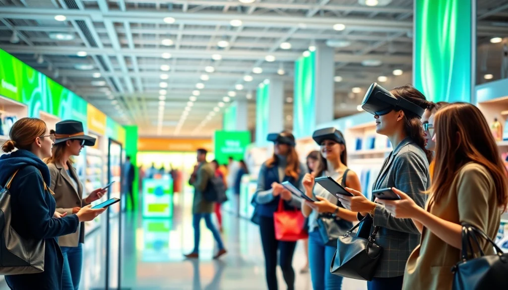 Explore the latest shopping methods in a vibrant e-commerce setting with interactive displays and diverse shoppers.