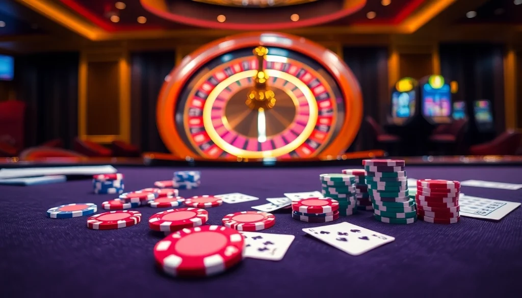 Exciting gaming action at trang chủ 88clb featuring casino tables, poker chips, and a roulette wheel.