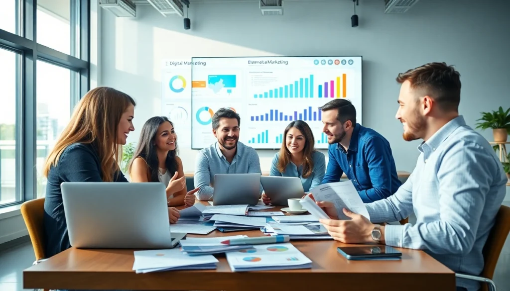 Engaged team collaborating in online marketing Edmonton, highlighting vibrant strategies and innovation.