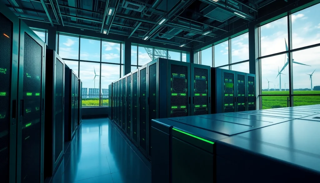 High-tech cloud mining facility showcasing trusted cloud mining sites with renewable energy solutions generating cryptocurrency.